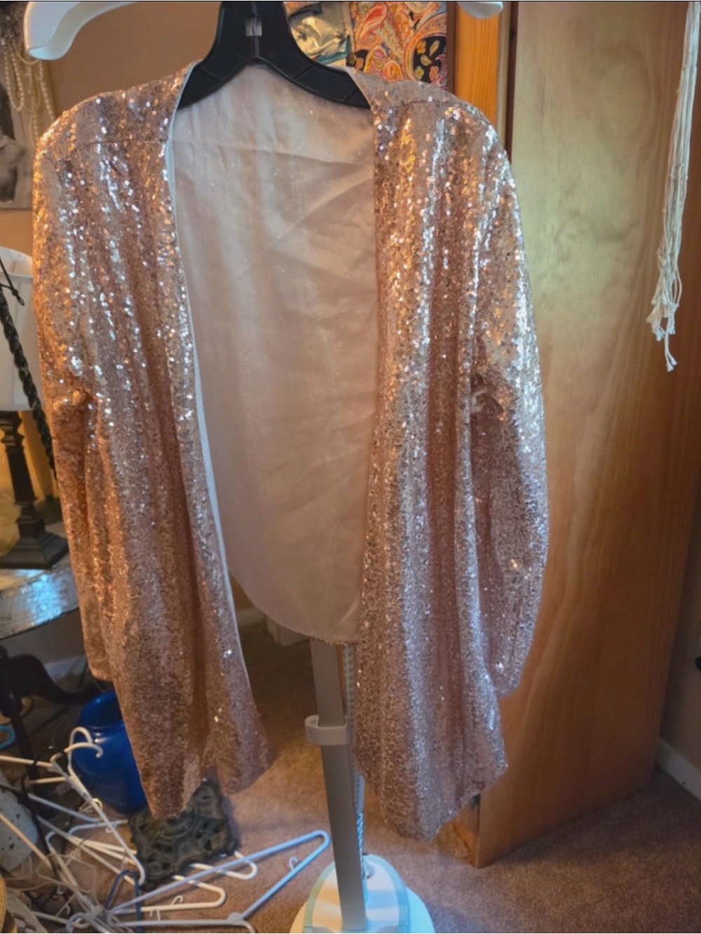 Sequin Open-Front Cardigan Jacket - Rose Gold